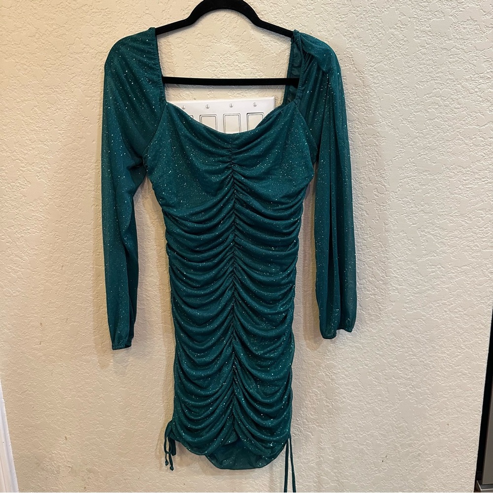 Jump Apparel XL Green Glitter Ruched Mesh Mini Bodycon Long Sleeve Holiday Dress - Picture 4 of 9